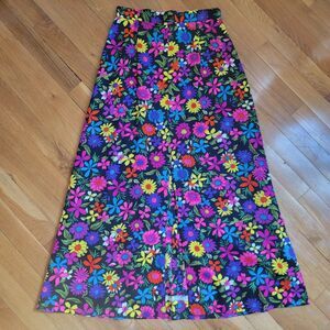 70s Barkcloth Black Psychedelic Floral Flower Bright Rainbow Hippie Skirt XS/S